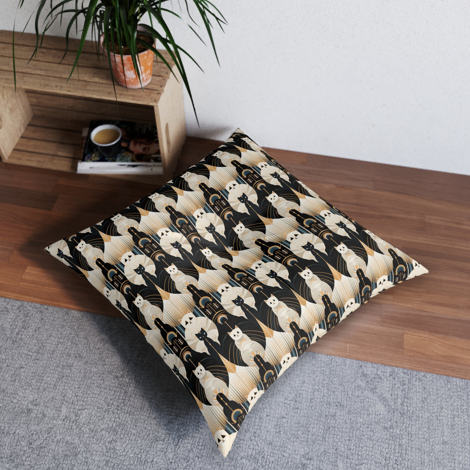 Indoor Square Floor Pillow - An elegant and artistic Art Deco-style pattern featuring streamlined white cats with a striking geometric backdrop of golden and black lines and shapes.