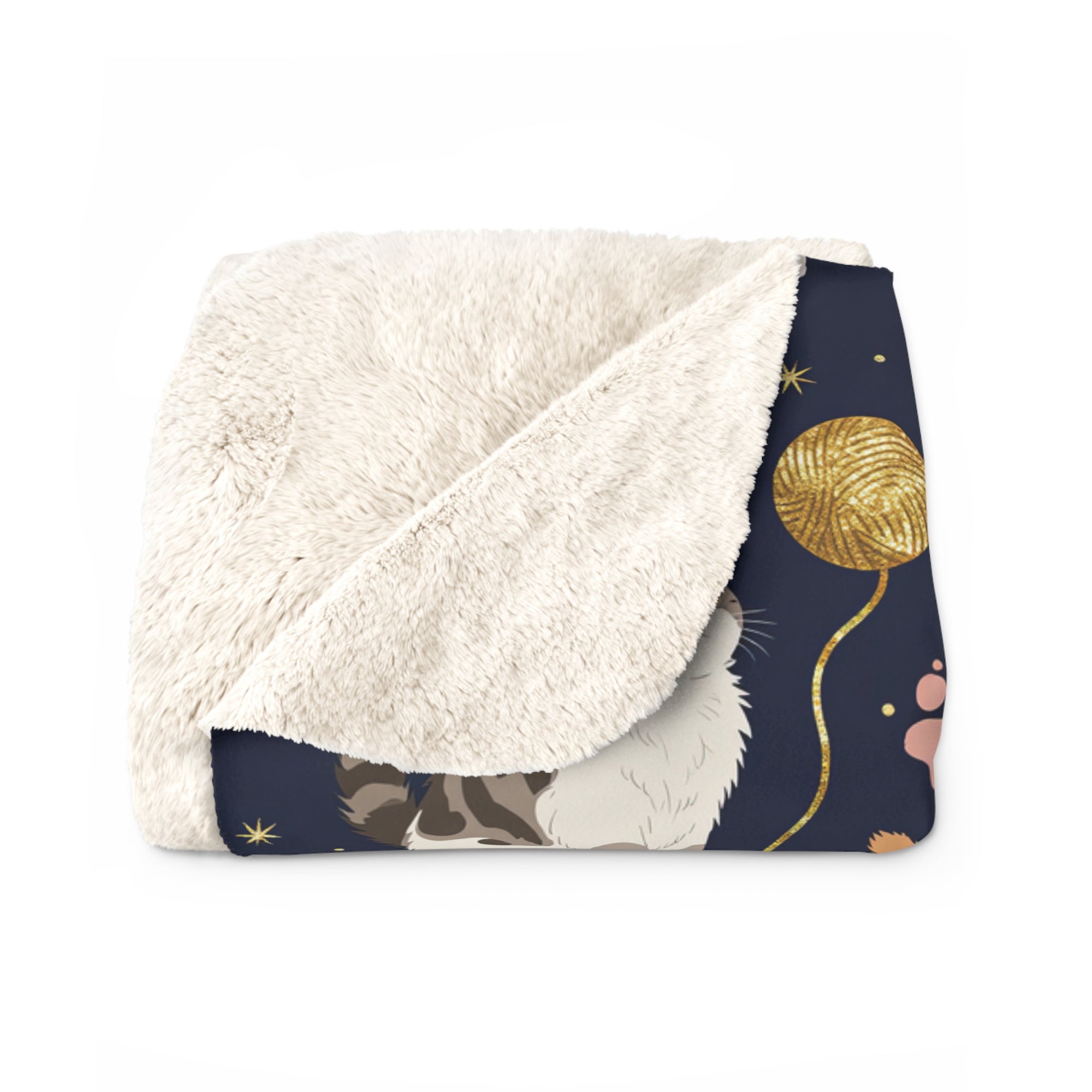 Sherpa Blanket - Charming cats and golden yarn playful design, cute kittens with paw prints, whimsical animal art for cat lovers, dark blue background, delightful pet themed illustration