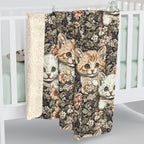 Sherpa Blanket - Peach and White Kittens in Dark Floral Garden, Vintage Style, Sweet and Charming Scene