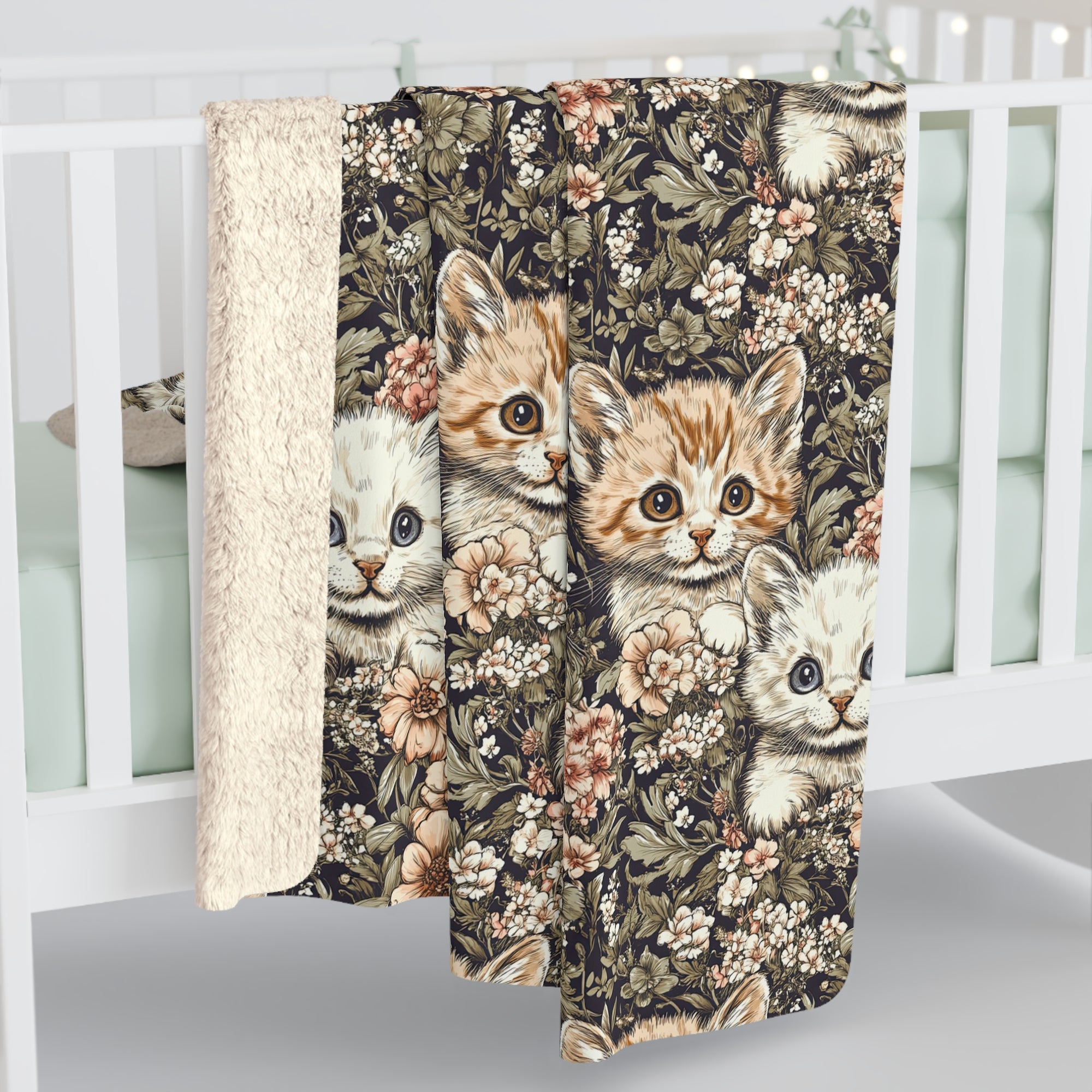 Sherpa Blanket - Peach and White Kittens in Dark Floral Garden, Vintage Style, Sweet and Charming Scene