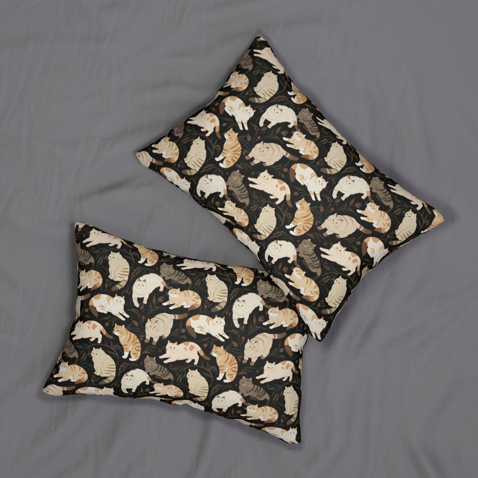 Indoor Lumbar Pillow - Earthy Toned Cats Lounge and Play Amidst Dark Foliage in a Serene and Naturally Inspired Seamless Pattern Design