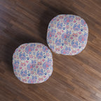 Indoor Round Floor Pillow - Sweet pastel blue and pink cartoon cats, cute kawaii style kittens with yarn and paw prints, charming and playful animal design, light cream background, delightful pet pattern