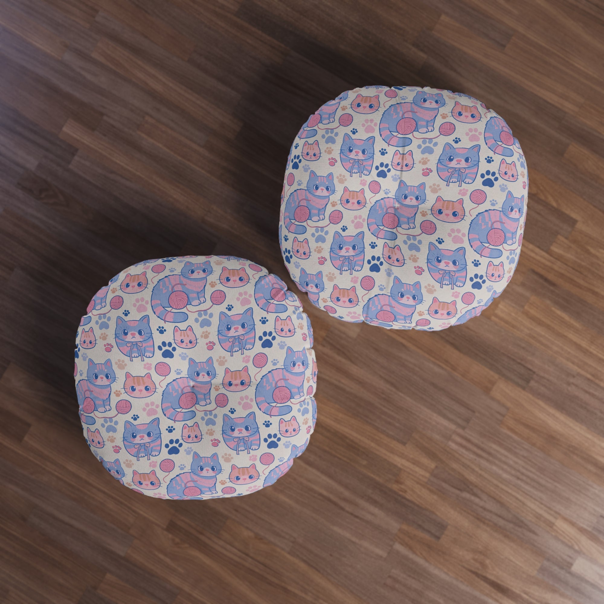 Indoor Round Floor Pillow - Sweet pastel blue and pink cartoon cats, cute kawaii style kittens with yarn and paw prints, charming and playful animal design, light cream background, delightful pet pattern