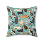 Indoor Square Pillow - A Delightful Assortment of Charming Cats in Diverse Poses and Breeds Scattered Across a Soft Blue Floral Background