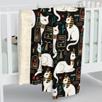 Sherpa Blanket - Regal White Egyptian Cats with Ornate Collars and Ancient Symbols Adorn this Historically Inspired and Mystical Pattern