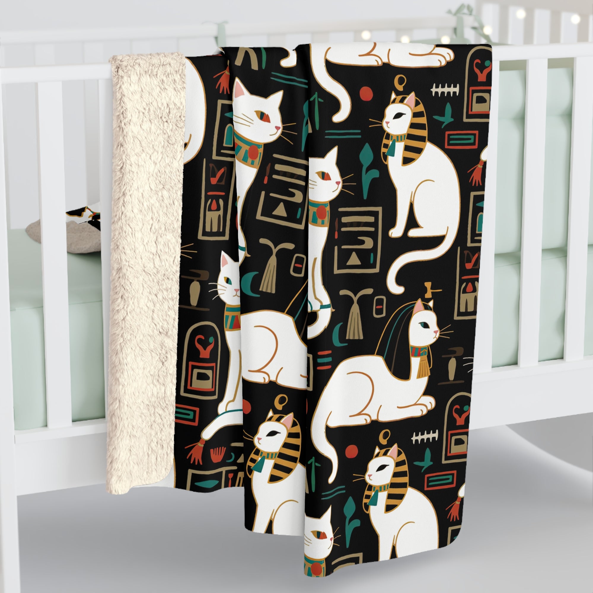 Sherpa Blanket - Regal White Egyptian Cats with Ornate Collars and Ancient Symbols Adorn this Historically Inspired and Mystical Pattern