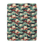 Sherpa Blanket - A dramatic and powerful Japanese woodblock print-style illustration of cats amidst powerful waves, red flowers, and white cherry blossoms.