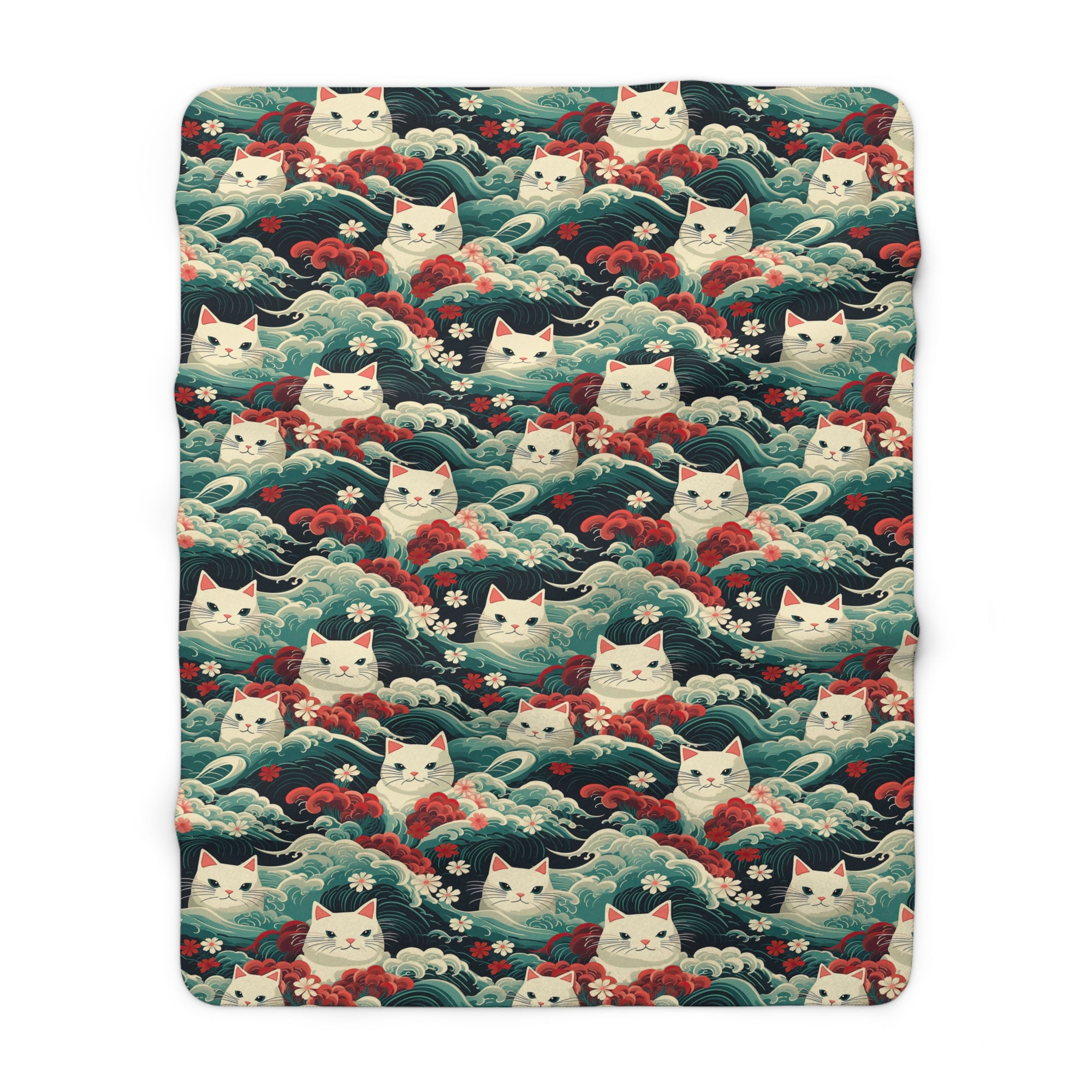 Sherpa Blanket - A dramatic and powerful Japanese woodblock print-style illustration of cats amidst powerful waves, red flowers, and white cherry blossoms.