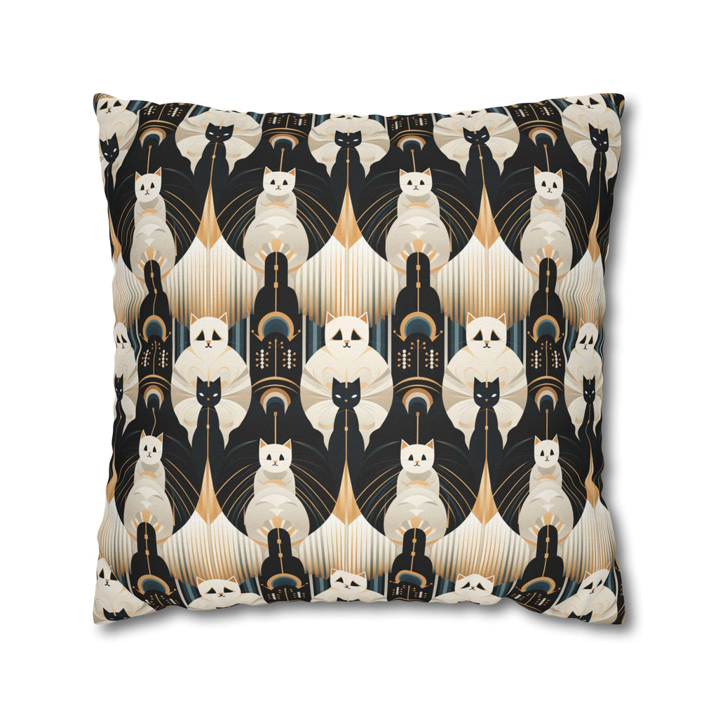 Square Pillowcase - An elegant and artistic Art Deco-style pattern featuring streamlined white cats with a striking geometric backdrop of golden and black lines and shapes.
