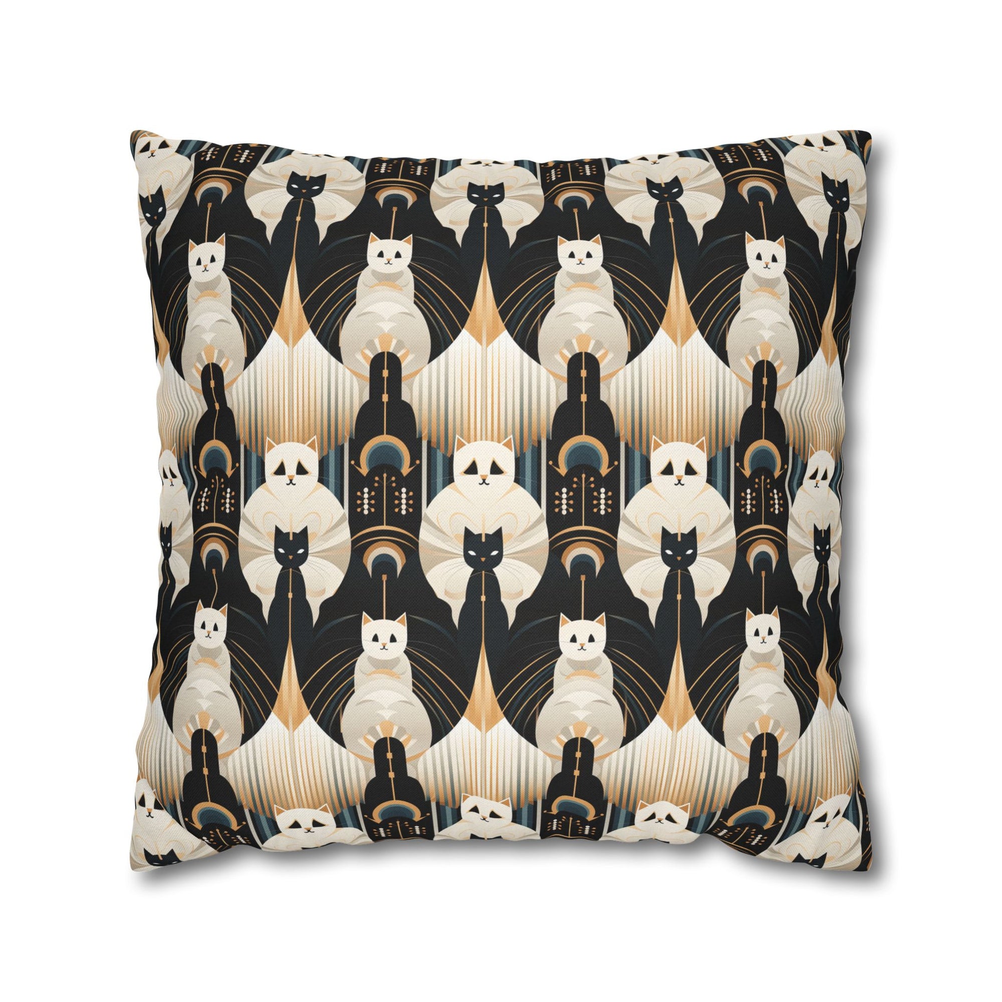 Square Pillowcase - An elegant and artistic Art Deco-style pattern featuring streamlined white cats with a striking geometric backdrop of golden and black lines and shapes.
