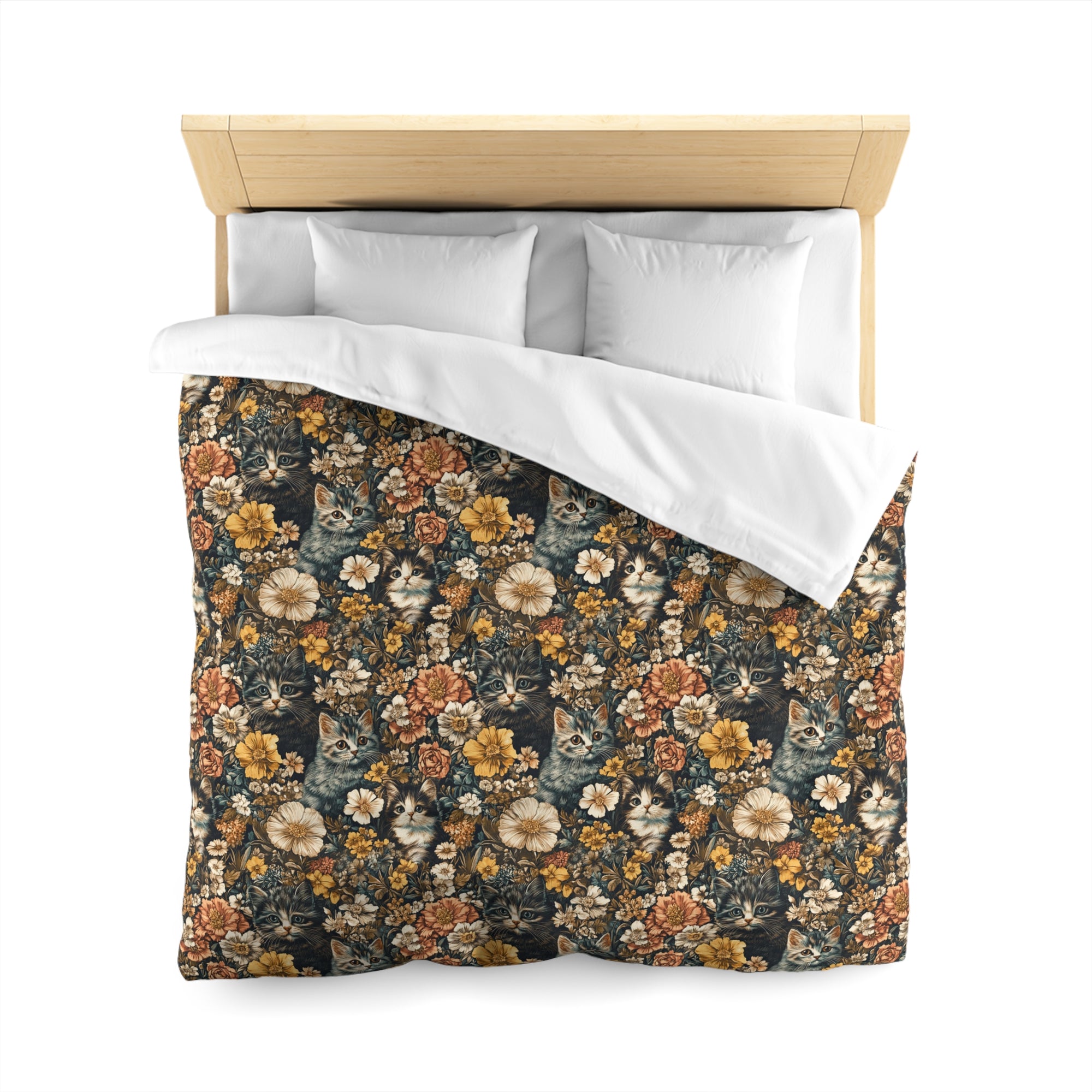 Duvet Cover - Grey Tabby Kittens Among Yellow and Peach Flowers, Moody Vintage Botanical Illustration