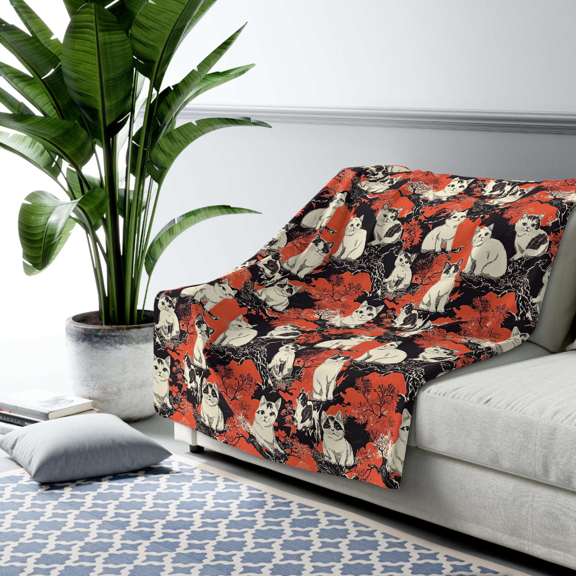 Sherpa Blanket - A striking black-and-white illustration with red accents of charming cats perched on the branches of trees in a beautiful Japanese woodblock print style.