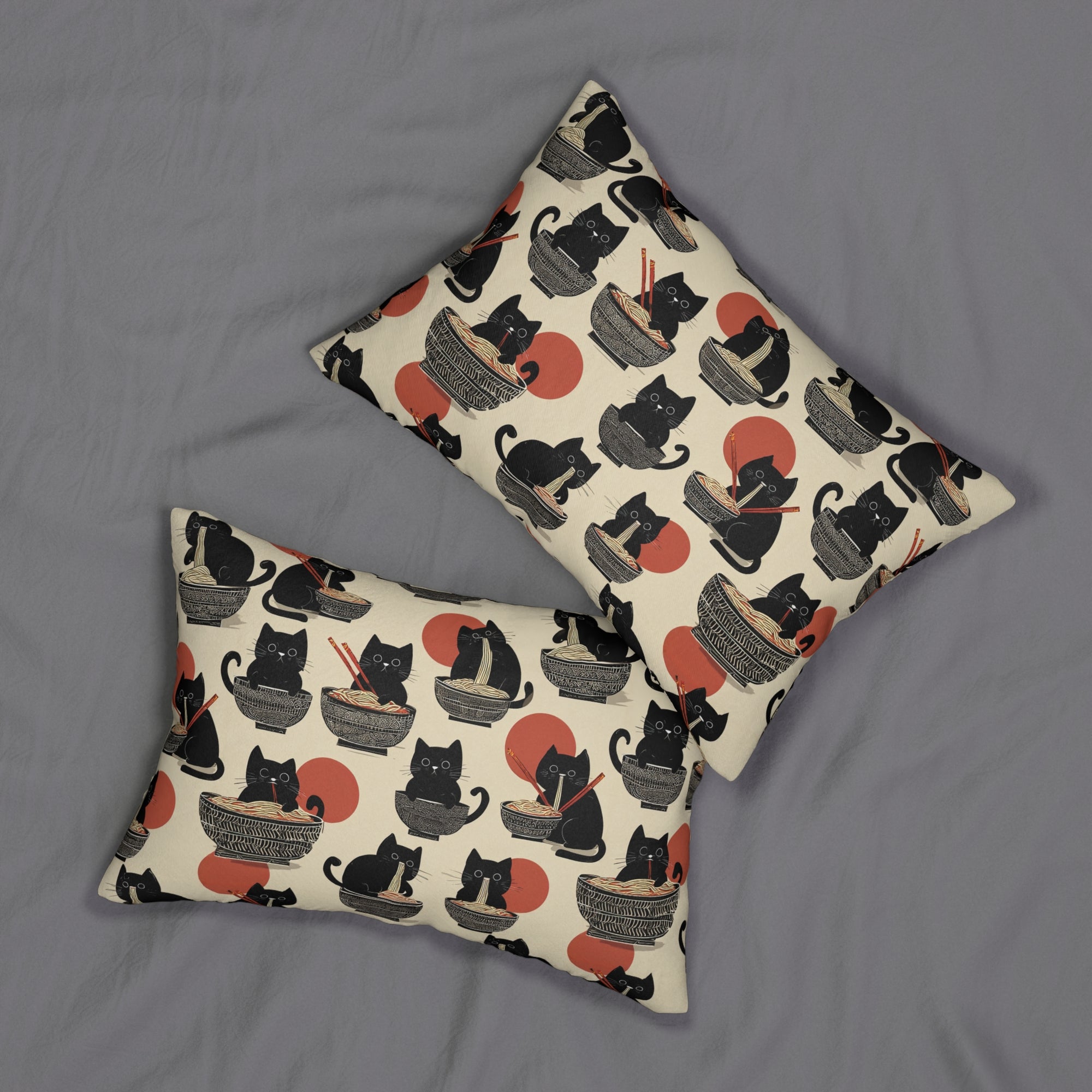 Indoor Lumbar Pillow - A whimsical and delightful hand-drawn style pattern of adorable black cats eating bowls of delicious ramen noodles with a large red sun in the background.
