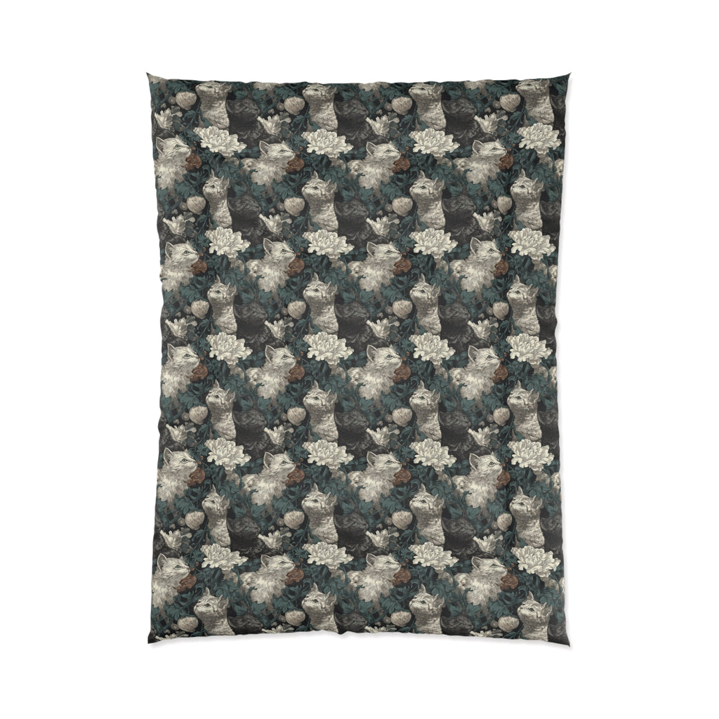 Comforter - Grey and White Kittens with Creamy White Flowers and Dark Green Foliage, Elegant Vintage Vibe