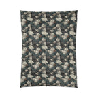 Comforter - Grey and White Kittens with Creamy White Flowers and Dark Green Foliage, Elegant Vintage Vibe