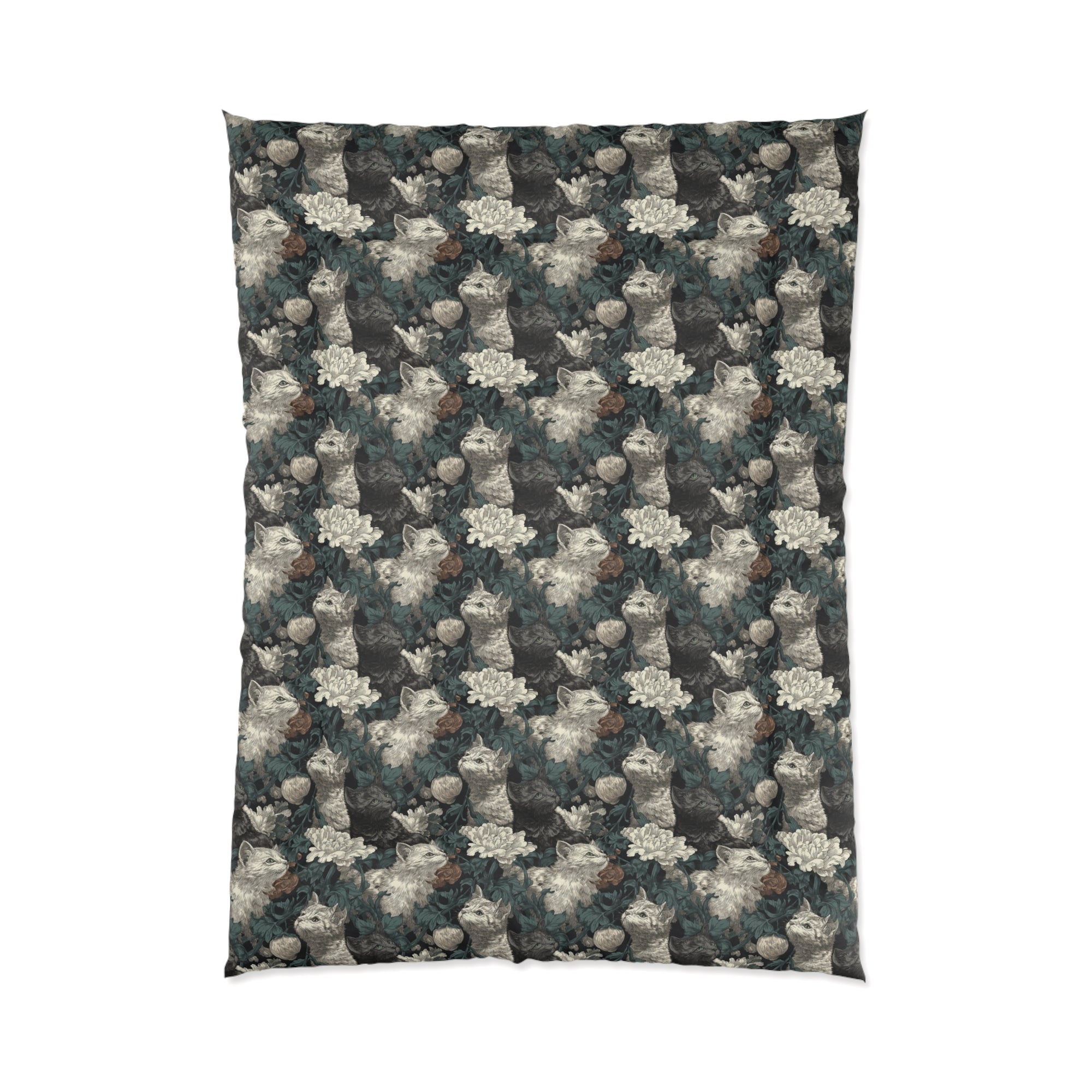 Comforter - Grey and White Kittens with Creamy White Flowers and Dark Green Foliage, Elegant Vintage Vibe