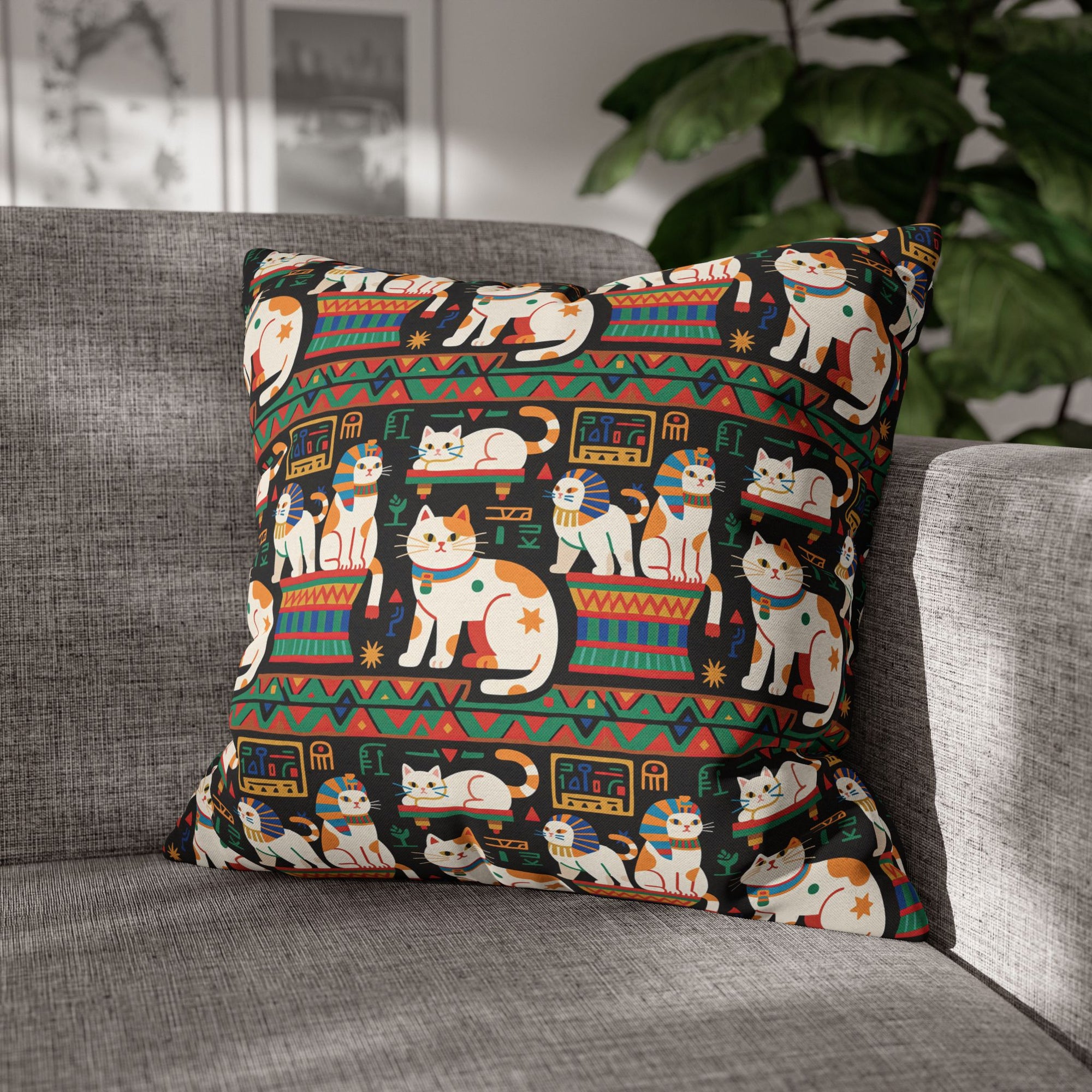 Square Pillowcase - Ancient Egyptian Felines with Hieroglyphs and Colorful Borders Adorn this Playful and Culturally Rich Cat Pattern