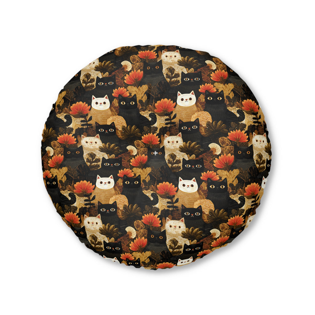 Indoor Round Floor Pillow - A dark and fantastical illustrative painting of many different cats and plants, creating a dense, mysterious, and golden jungle or forest scene.