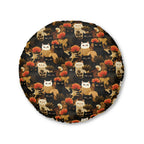 Indoor Round Floor Pillow - A dark and fantastical illustrative painting of many different cats and plants, creating a dense, mysterious, and golden jungle or forest scene.