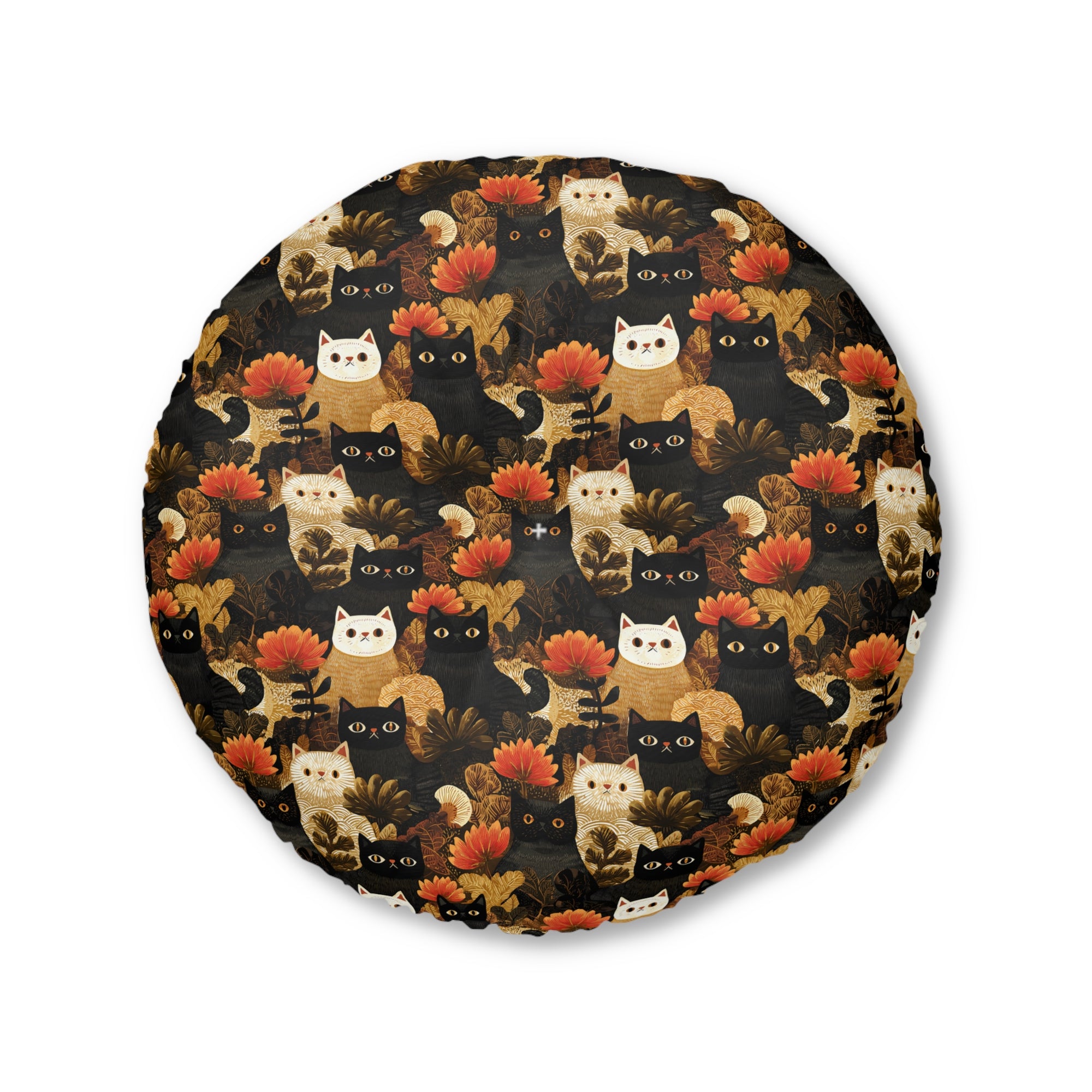 Indoor Round Floor Pillow - A dark and fantastical illustrative painting of many different cats and plants, creating a dense, mysterious, and golden jungle or forest scene.