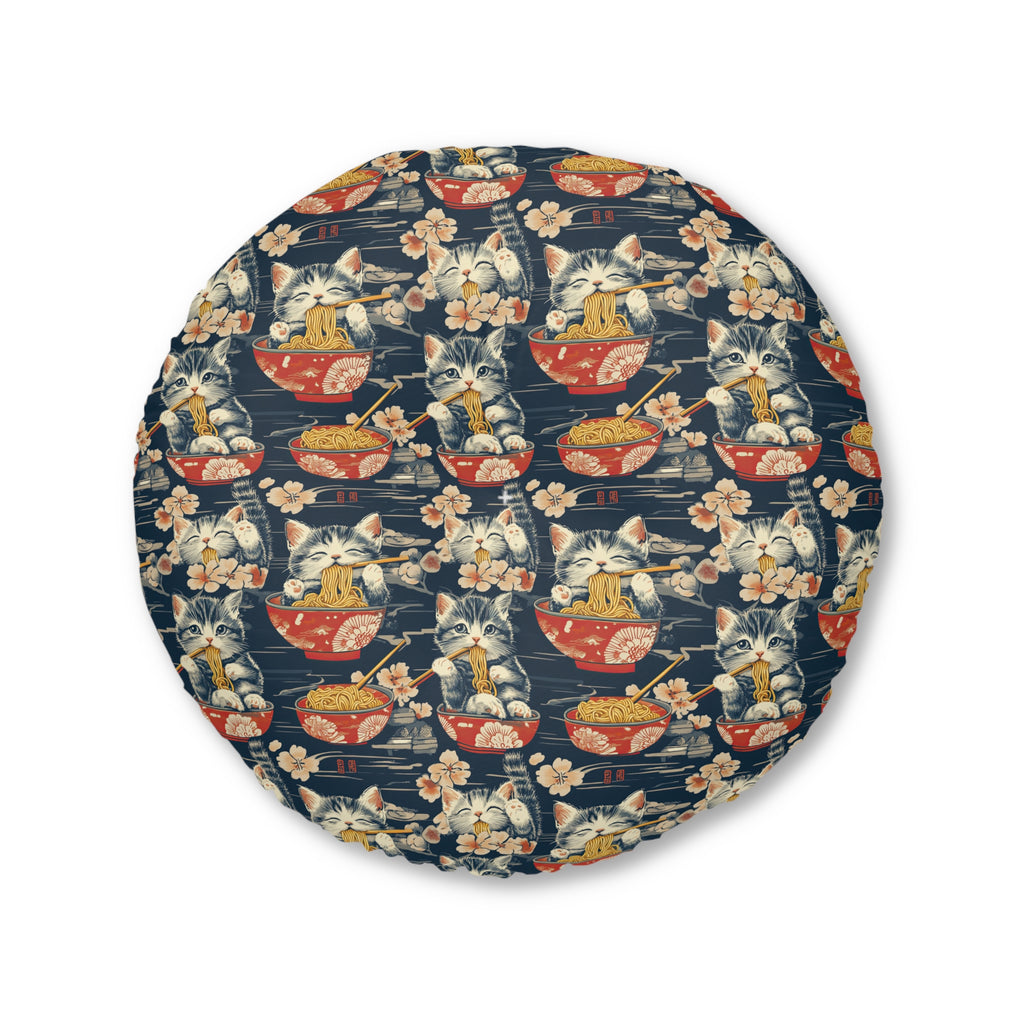 Indoor Round Floor Pillow - A charming and detailed illustration of happy kittens in red ramen bowls eating their noodles with chopsticks among beautiful pink cherry blossoms on a dark background.