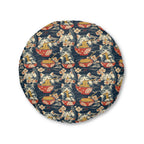 Indoor Round Floor Pillow - A charming and detailed illustration of happy kittens in red ramen bowls eating their noodles with chopsticks among beautiful pink cherry blossoms on a dark background.