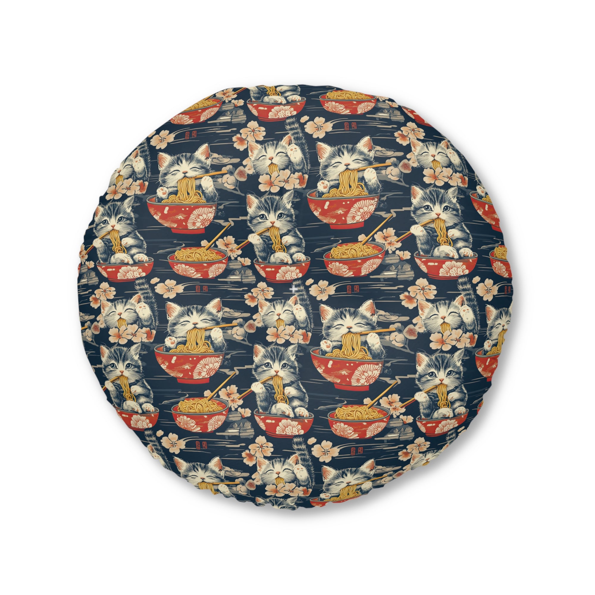 Indoor Round Floor Pillow - A charming and detailed illustration of happy kittens in red ramen bowls eating their noodles with chopsticks among beautiful pink cherry blossoms on a dark background.