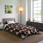 Comforter - A detailed and ornate Victorian-style pattern featuring a tight grouping of fluffy cats of various colors surrounded by black and red flowers and leaves.
