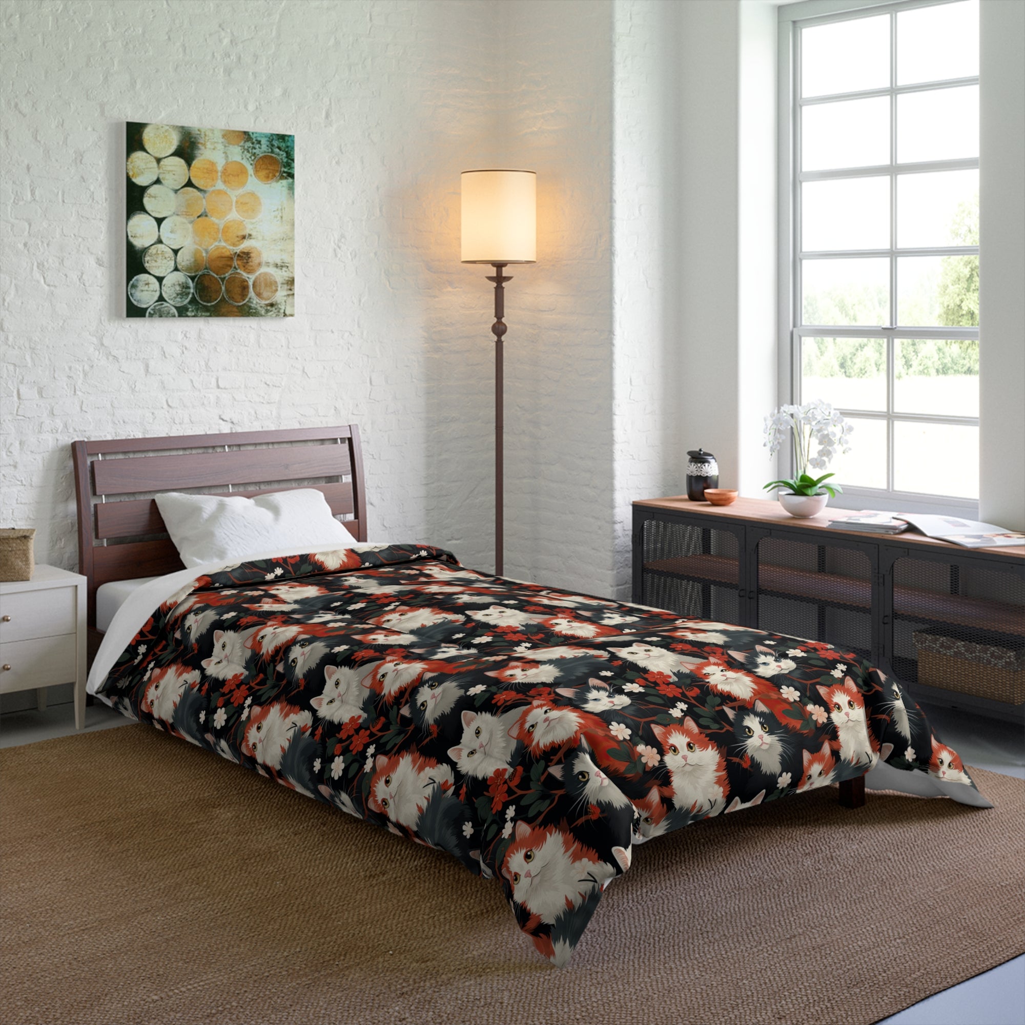 Comforter - A detailed and ornate Victorian-style pattern featuring a tight grouping of fluffy cats of various colors surrounded by black and red flowers and leaves.