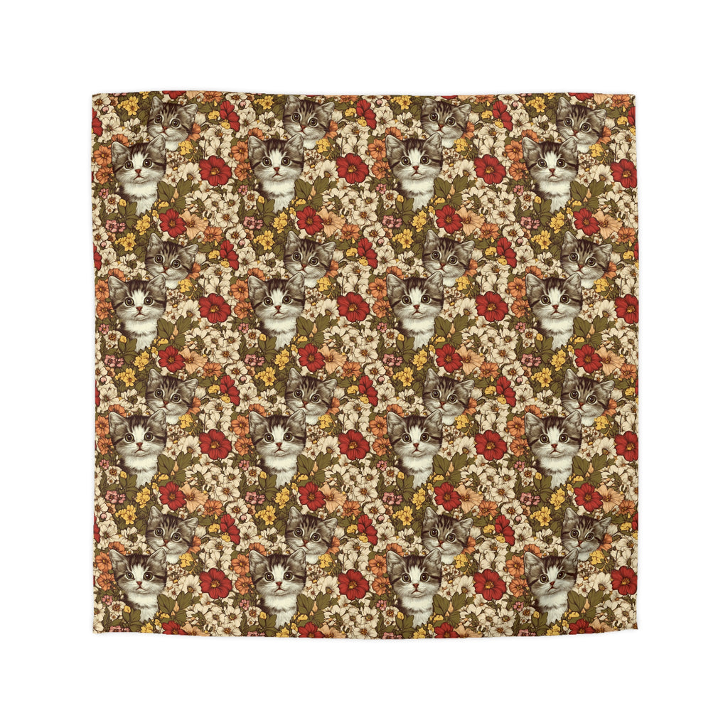 Duvet Cover - Grey Tabby Kittens in a Garden of Red, Peach, and Yellow Flowers, Soft Vintage Style
