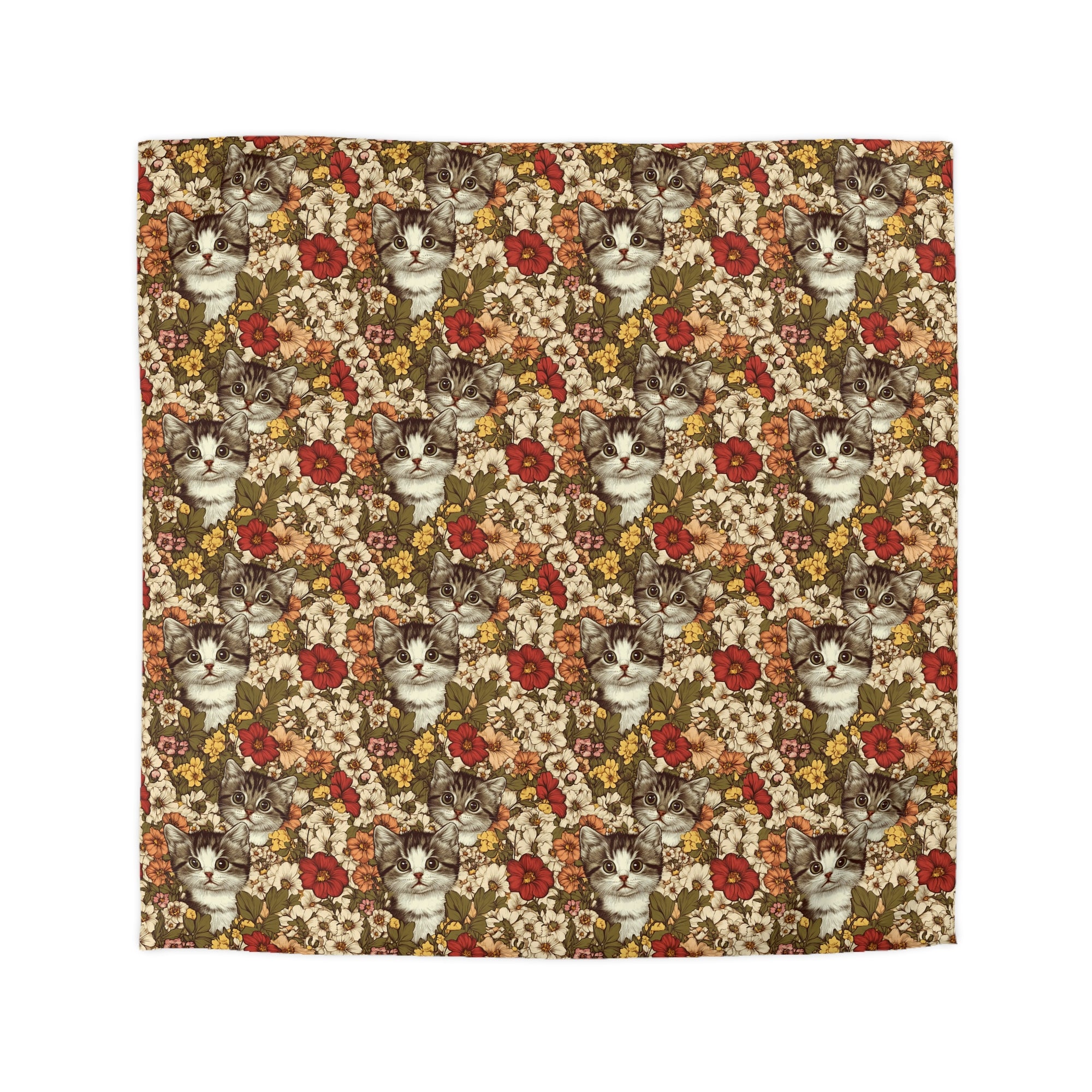 Duvet Cover - Grey Tabby Kittens in a Garden of Red, Peach, and Yellow Flowers, Soft Vintage Style