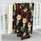 Sherpa Blanket - A bold and striking Art Deco pattern showcasing stylized feline portraits with sharp, gold lines and geometric shapes set against a dark, dramatic background.