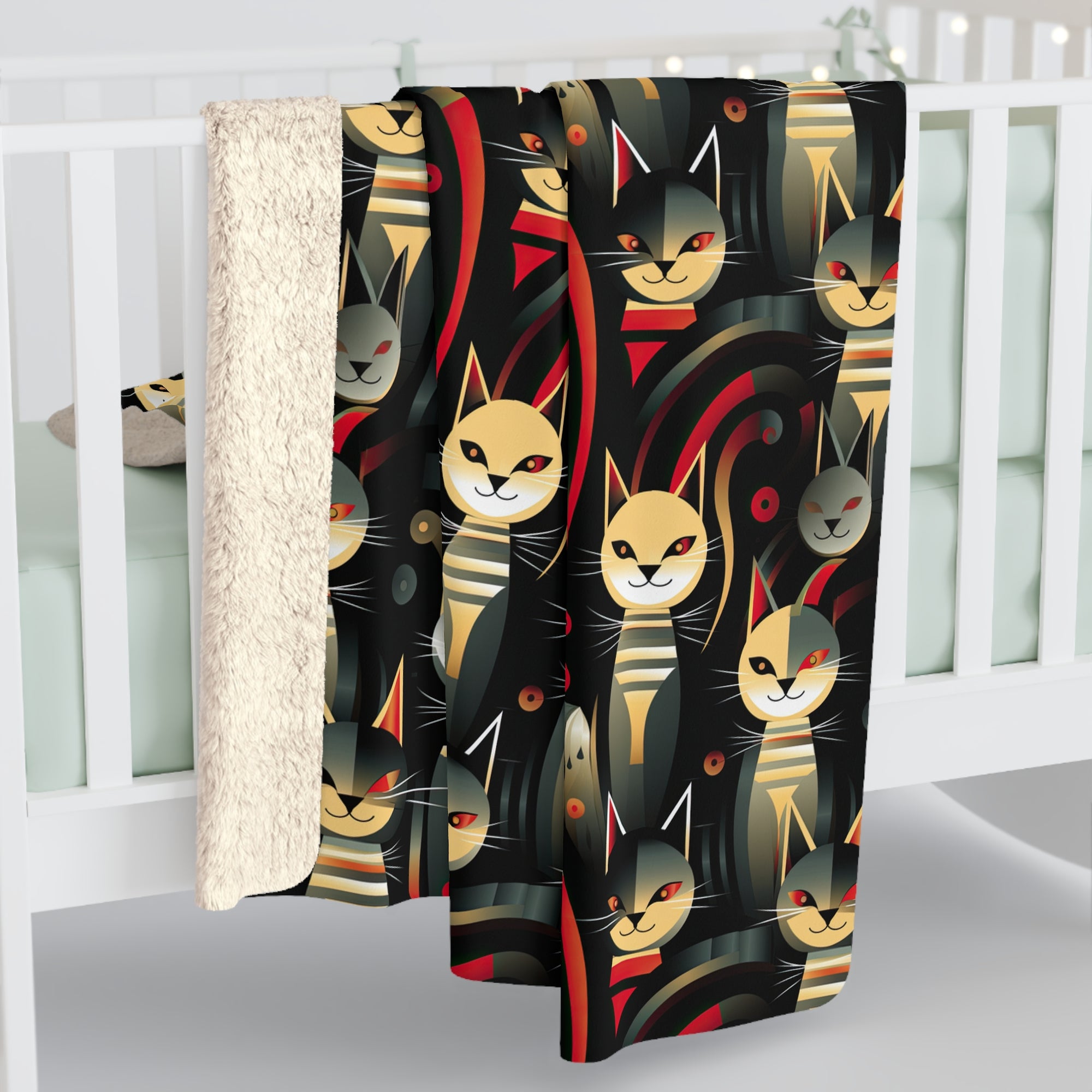 Sherpa Blanket - A bold and striking Art Deco pattern showcasing stylized feline portraits with sharp, gold lines and geometric shapes set against a dark, dramatic background.