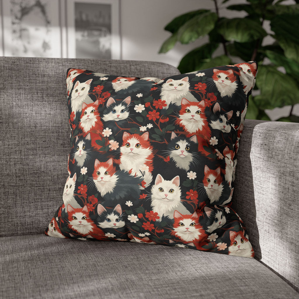 Square Pillowcase - A detailed and ornate Victorian-style pattern featuring a tight grouping of fluffy cats of various colors surrounded by black and red flowers and leaves.