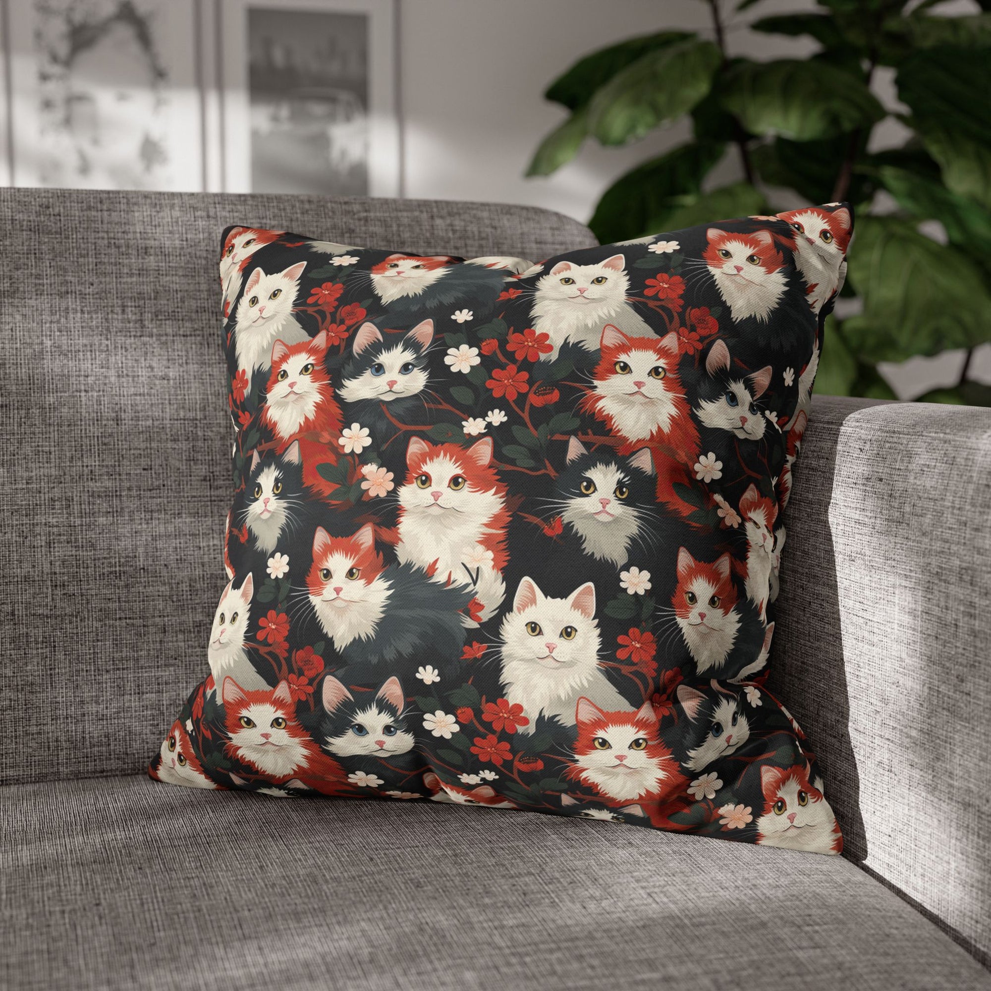 Square Pillowcase - A detailed and ornate Victorian-style pattern featuring a tight grouping of fluffy cats of various colors surrounded by black and red flowers and leaves.