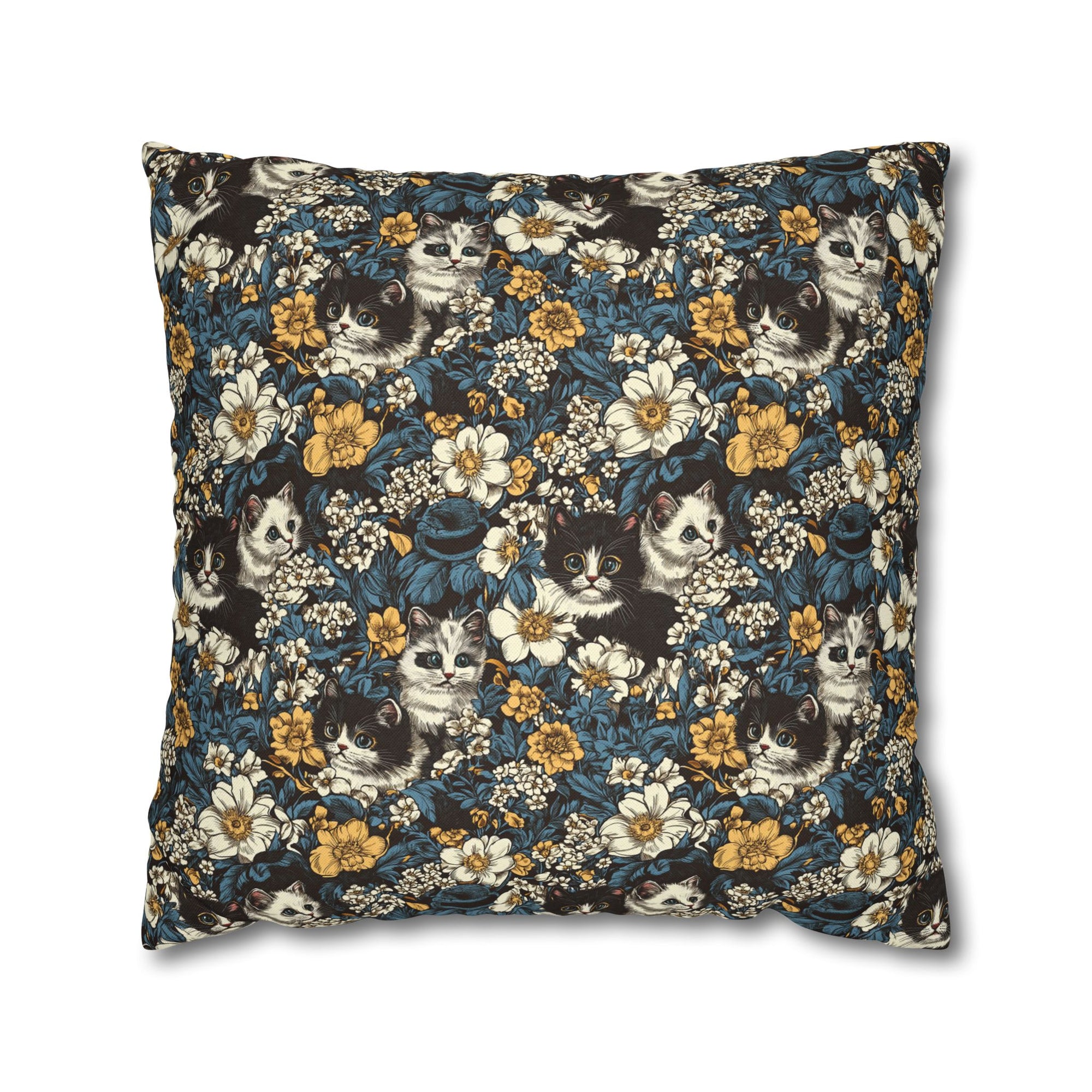 Square Pillowcase - Black and White Kittens with Yellow and White Flowers, Dark Blue Leaves, Vintage Charm
