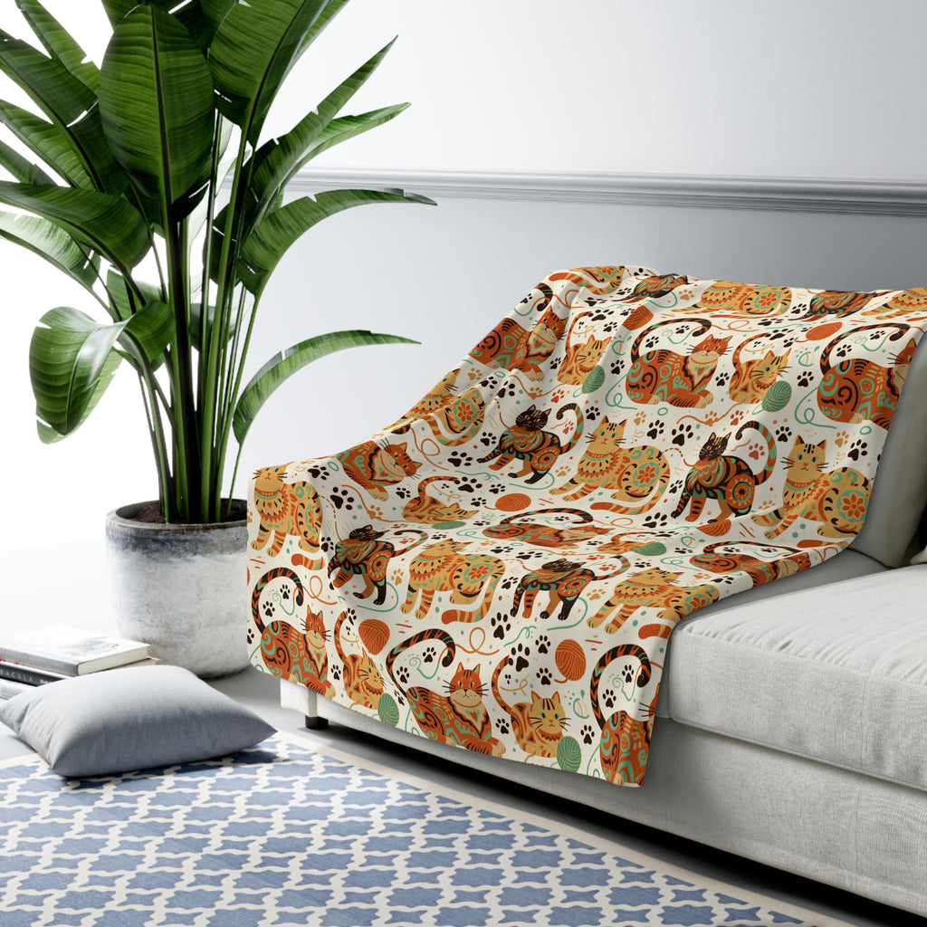 Sherpa Blanket - Colorful folk art patterned cats, vibrant orange and teal hues, playful felines with yarn and paw prints, bohemian animal illustration, cream background, artistic and cheerful design