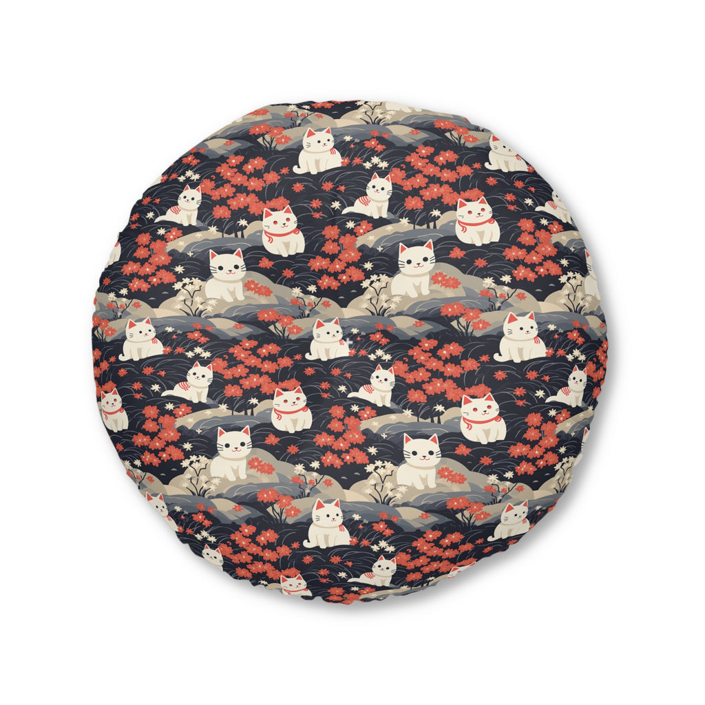 Indoor Round Floor Pillow - A charming, minimalist, Japanese-style illustration of cute white cats sitting amongst vibrant red and white flowers on a dark background.