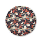 Indoor Round Floor Pillow - A charming, minimalist, Japanese-style illustration of cute white cats sitting amongst vibrant red and white flowers on a dark background.