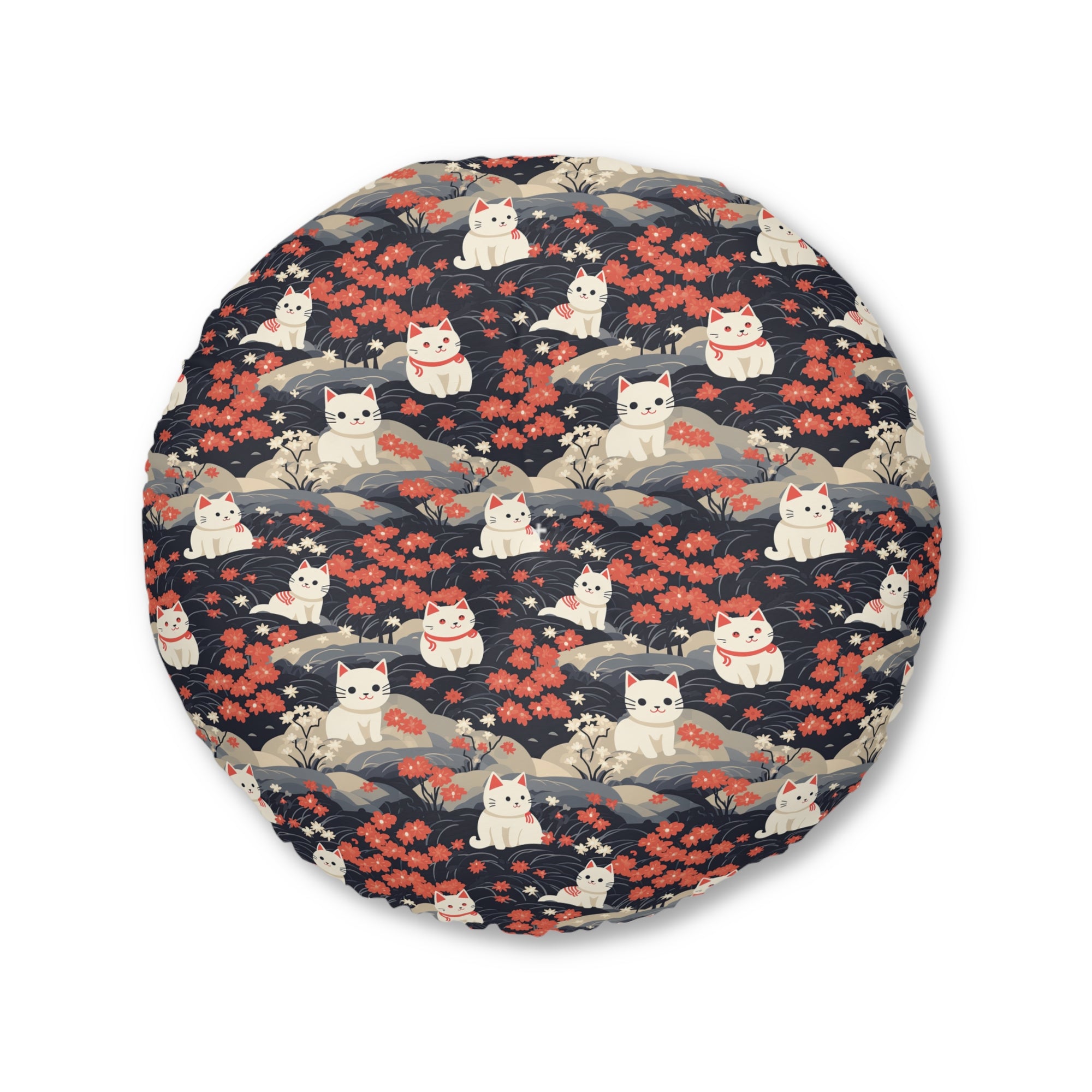 Indoor Round Floor Pillow - A charming, minimalist, Japanese-style illustration of cute white cats sitting amongst vibrant red and white flowers on a dark background.