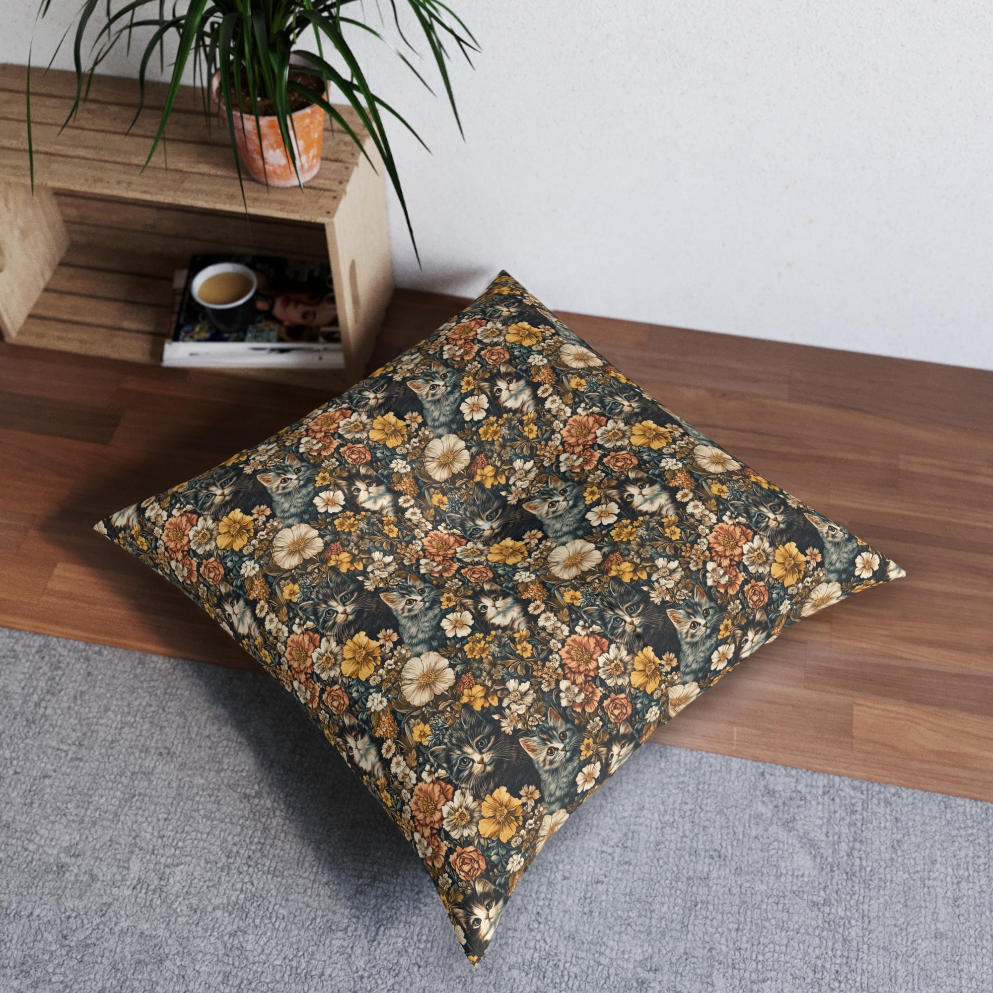 Indoor Square Floor Pillow - Grey Tabby Kittens Among Yellow and Peach Flowers, Moody Vintage Botanical Illustration