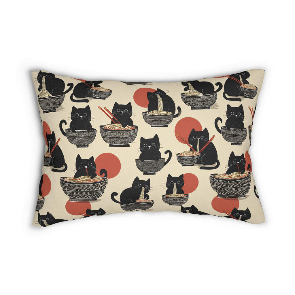 Indoor Lumbar Pillow - A whimsical and delightful hand-drawn style pattern of adorable black cats eating bowls of delicious ramen noodles with a large red sun in the background.