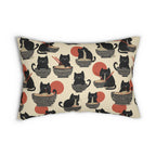 Indoor Lumbar Pillow - A whimsical and delightful hand-drawn style pattern of adorable black cats eating bowls of delicious ramen noodles with a large red sun in the background.