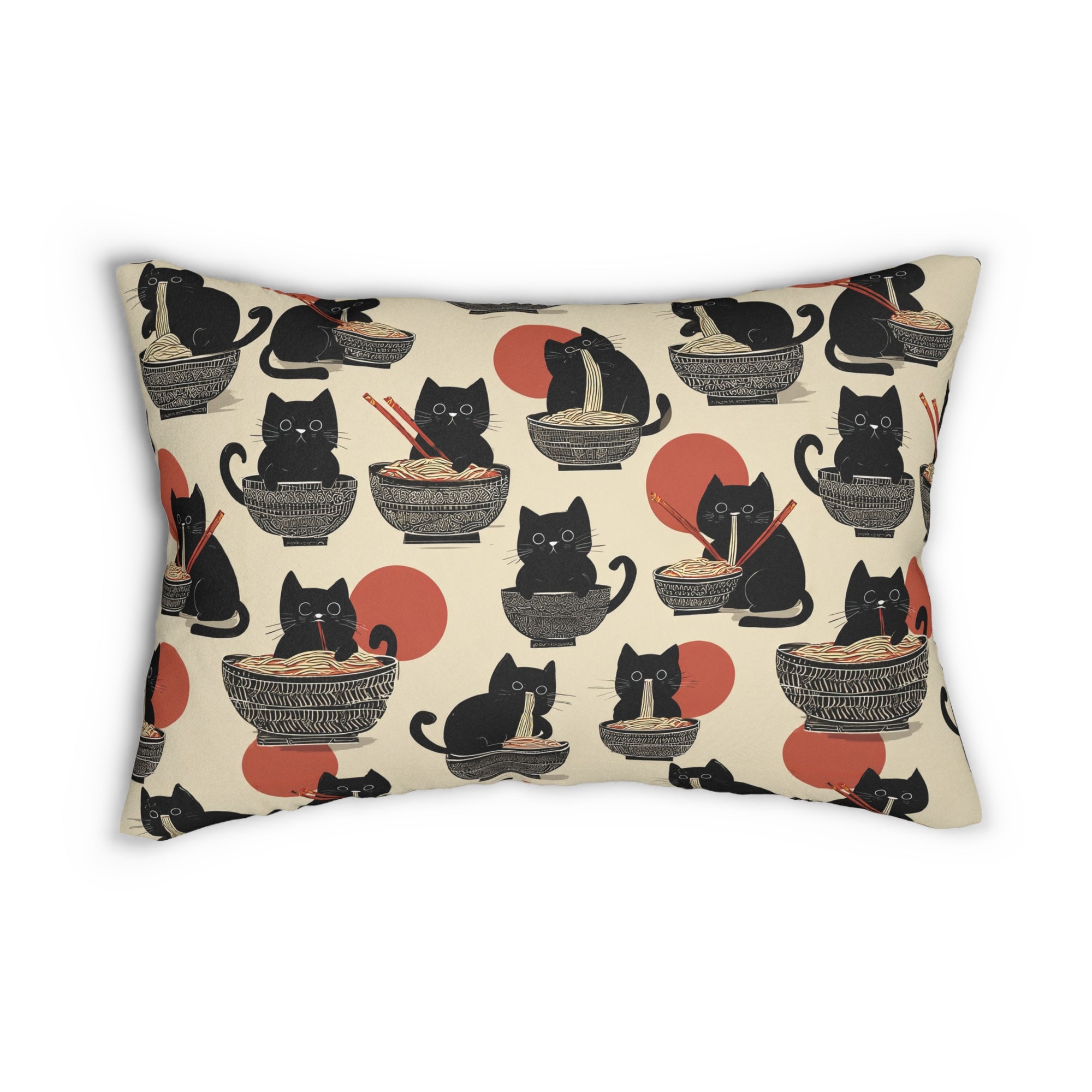 Indoor Lumbar Pillow - A whimsical and delightful hand-drawn style pattern of adorable black cats eating bowls of delicious ramen noodles with a large red sun in the background.