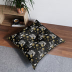 Indoor Square Floor Pillow - Grey and White Kittens Playing with Golden Yarn on a Black Background with Paw Prints