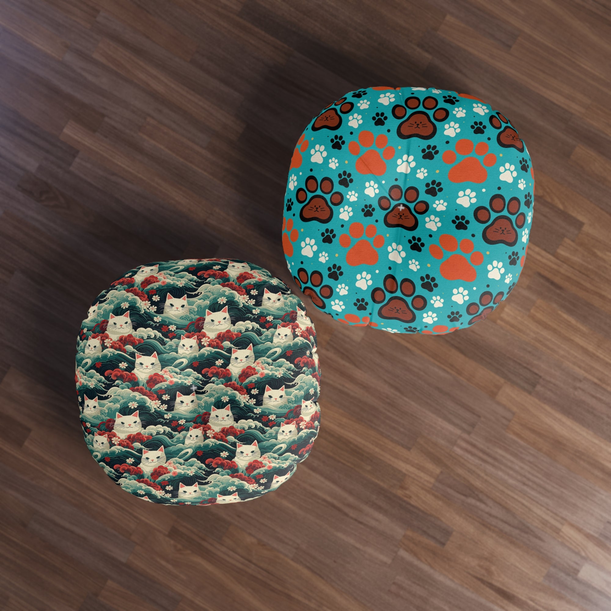 Indoor Round Floor Pillow - A dramatic and powerful Japanese woodblock print-style illustration of cats amidst powerful waves, red flowers, and white cherry blossoms.
