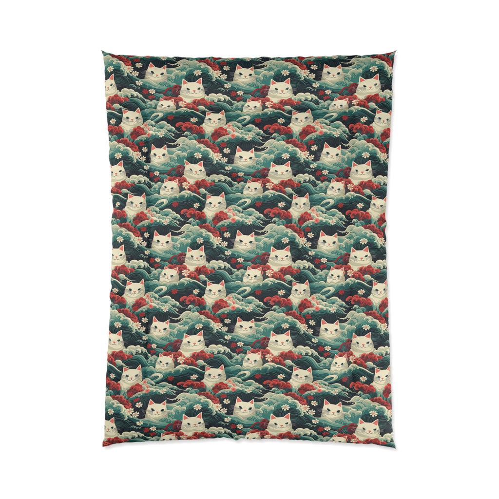Comforter - A dramatic and powerful Japanese woodblock print-style illustration of cats amidst powerful waves, red flowers, and white cherry blossoms.