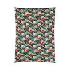 Comforter - A dramatic and powerful Japanese woodblock print-style illustration of cats amidst powerful waves, red flowers, and white cherry blossoms.