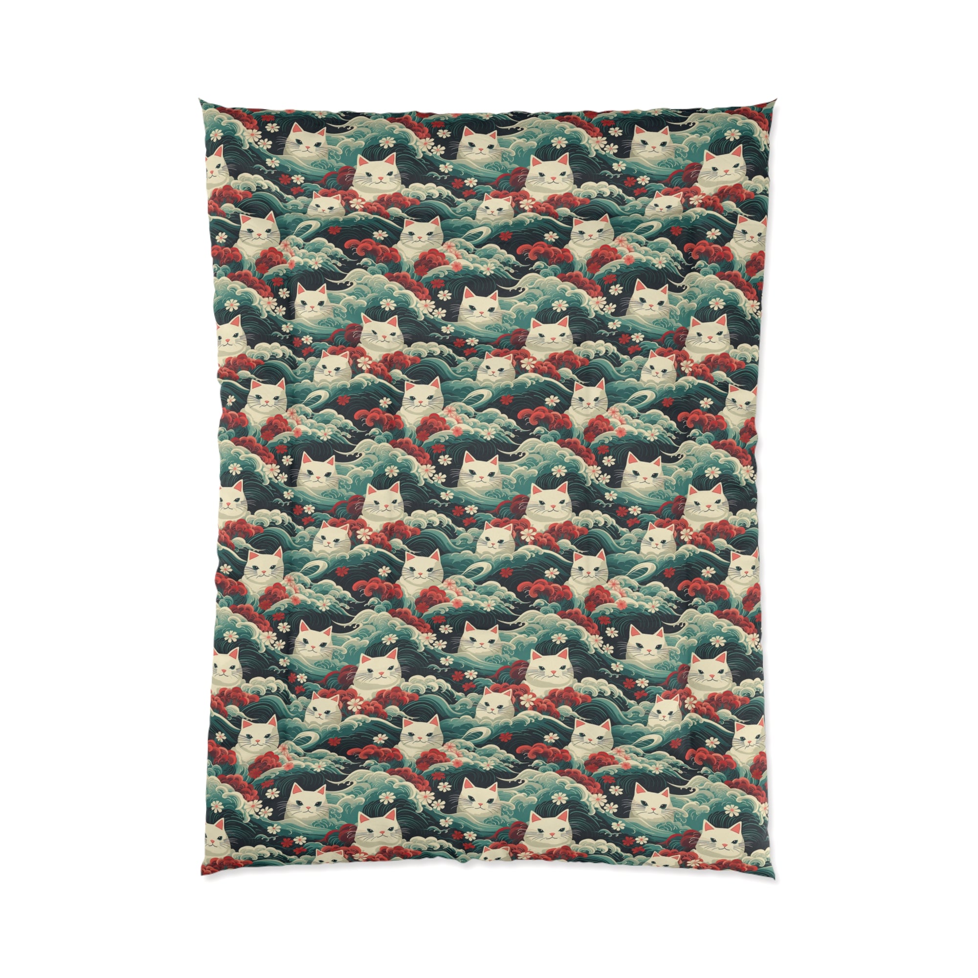 Comforter - A dramatic and powerful Japanese woodblock print-style illustration of cats amidst powerful waves, red flowers, and white cherry blossoms.
