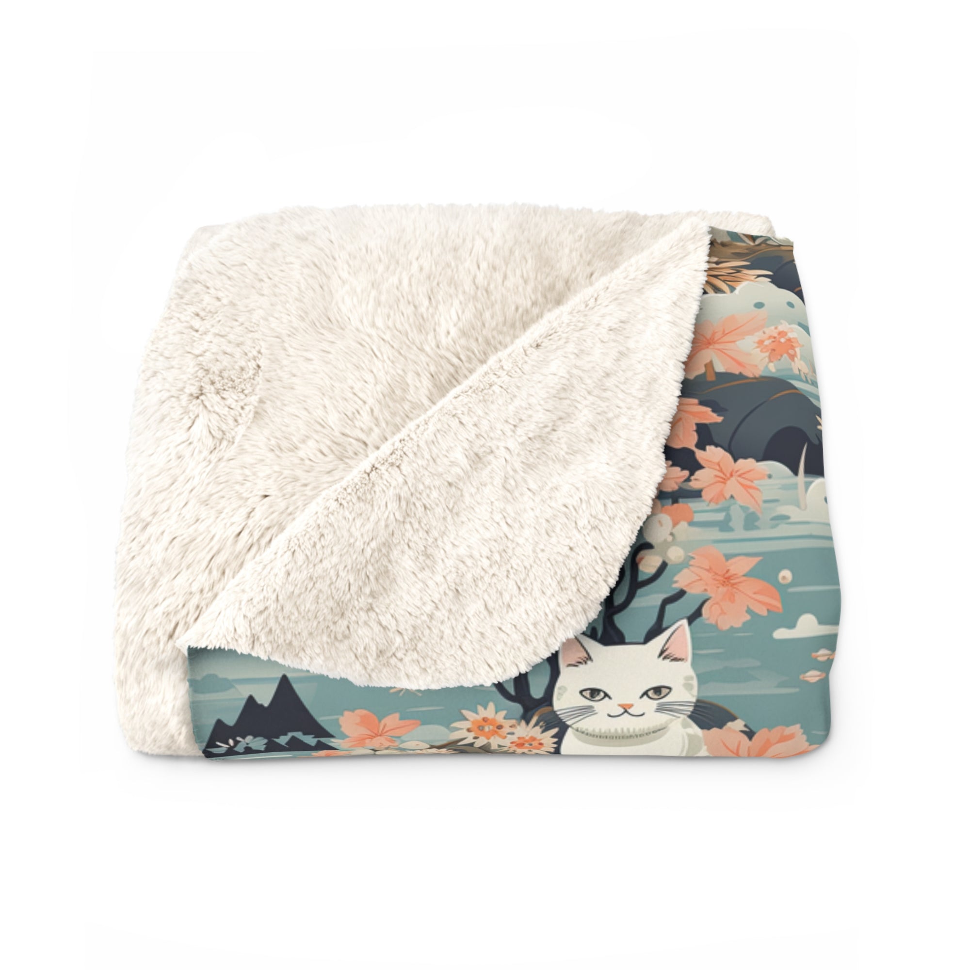 Sherpa Blanket - A serene watercolor painting of fluffy cats lounging on rocks, surrounded by cherry blossoms and blue water, in a tranquil, nature-filled, Japanese-inspired landscape.